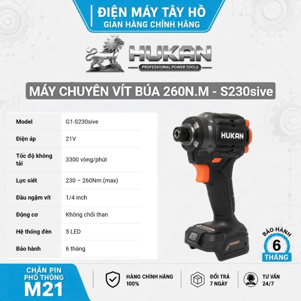 [SIÊU PHẨM 2026] Máy Chuyên Vít Búa Hukan Lực 260Nm Dùng Pin 21V động cơ Brushless.