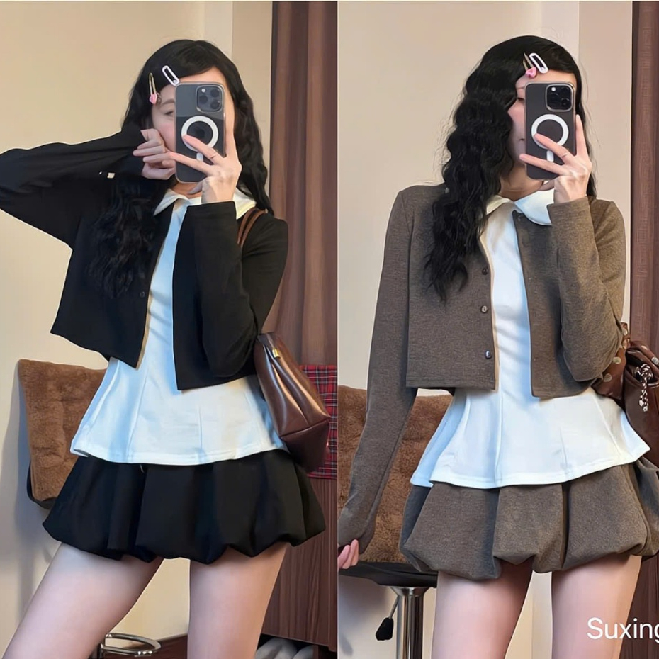 |SUXING| Set 3 Áo Cardigan Mix Áo Sơ Mi Cổ Sen Phối Chân Váy Bí - S308