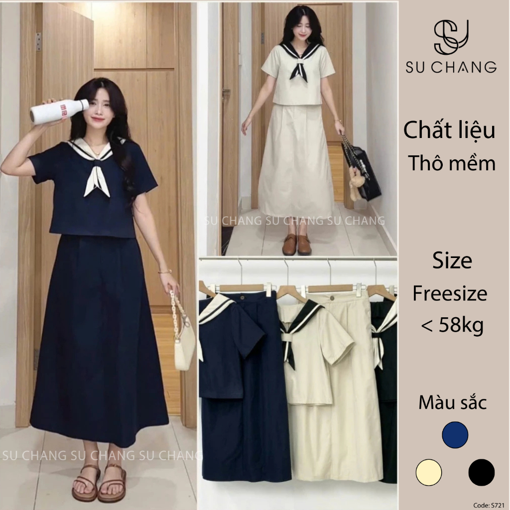 Set Đồ Nữ Áo Cổ Phối Vạt Khăn Kèm Chân Váy Dài Thô Mềm Su Chang S725 Thời Trang Nữ