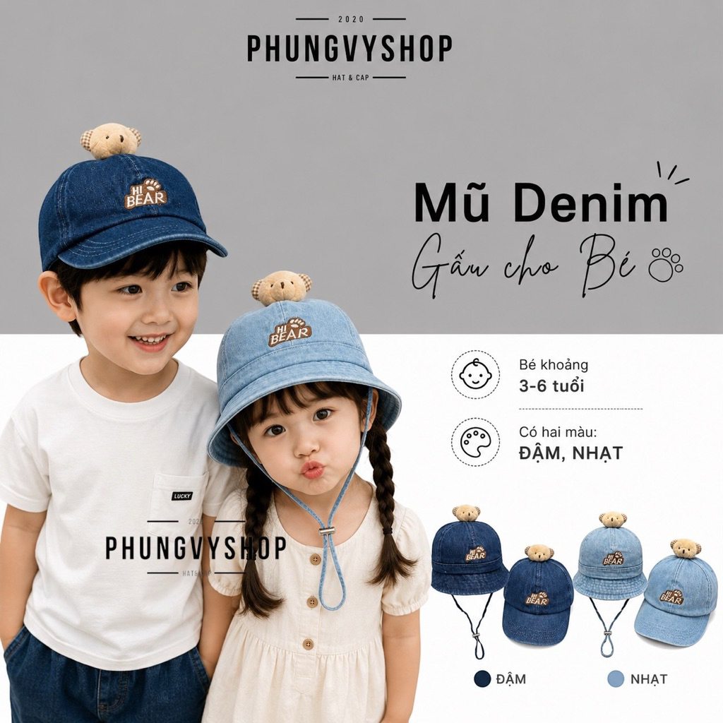 Bé 3-6 Tuổi / Mũ nón denim jean trẻ em trai gái bucket tai bèo vành lưỡi trai phungvyshop / Bo Kết T