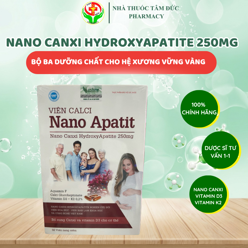 Viên Calci Nano Apatit Vshine 50 Viên Nang Mềm | Nano Canxi D3 K2 | Bổ Sung Canxi Hằng Ngày Cho Ngườ