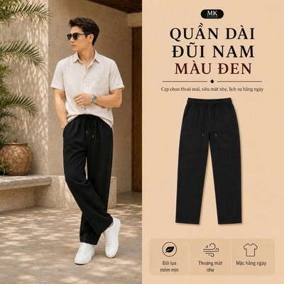 Quần Đũi Lụa Dài Nam Màu Đen MK CLEVER Chất liệu đũi lụa mềm mịn, thoáng mát, nhẹ, cạp chun dây