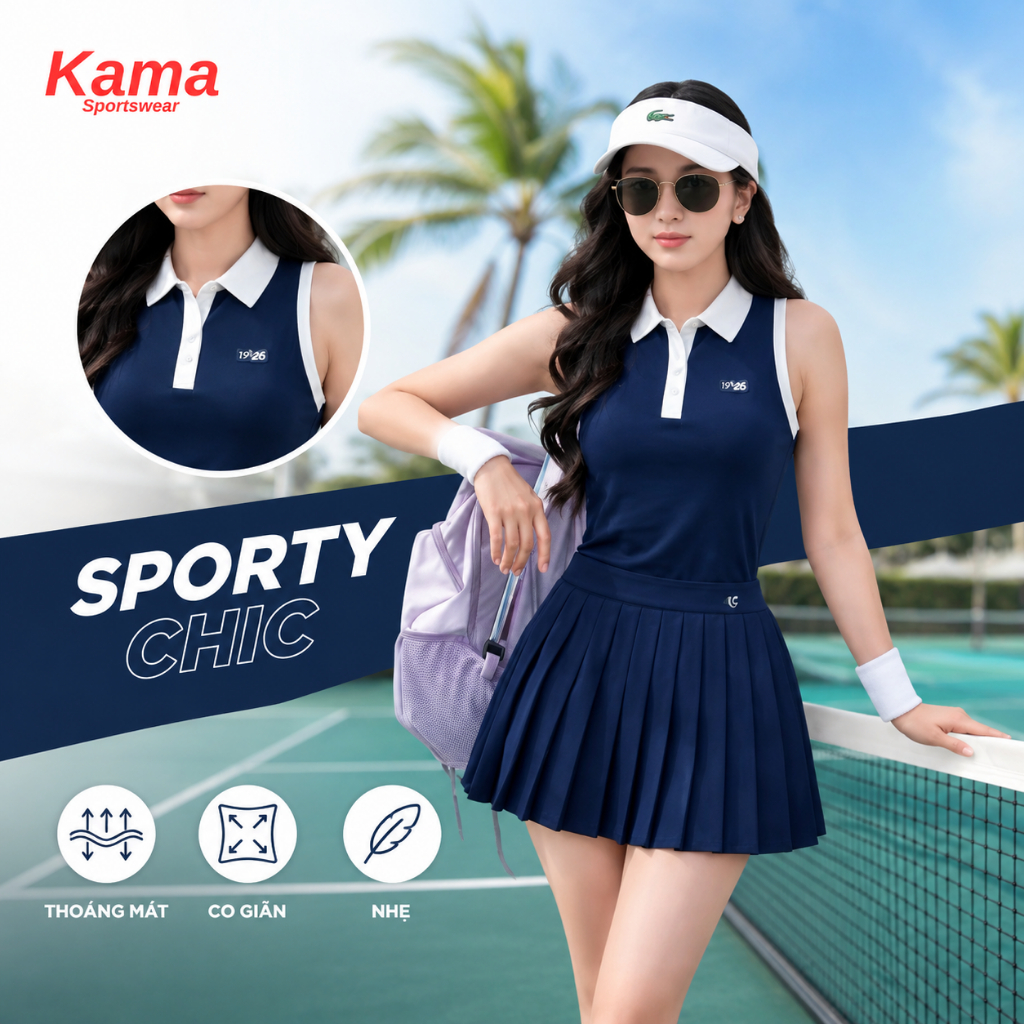 Bộ thể thao nữ Kama sport BP128 bộ áo sát nách mix chán váy xếp li chất thun mềm