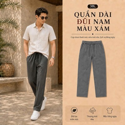 Quần Đũi Lụa Dài Nam Màu Xám MK CLEVER Chất liệu đũi lụa mềm mịn, thoáng mát, nhẹ, cạp chun dây