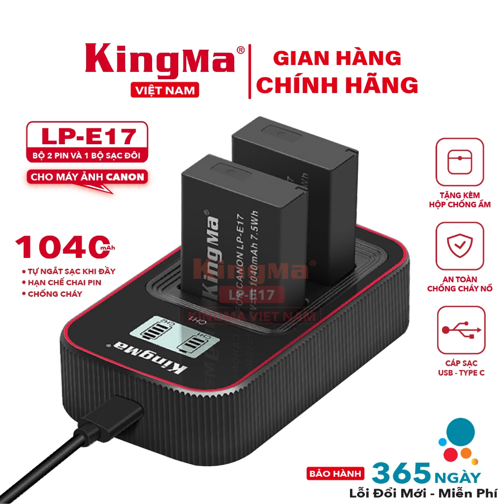 Bộ 2 Pin + Sạc Đôi KingMa LP-E17 V3 1040mAh Chính Hãng Cho Canon R50 R10 R8 RP 200D 250D 800D