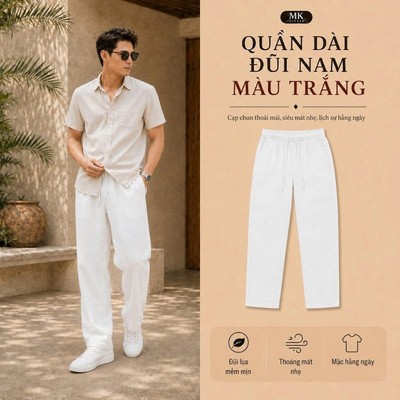 Quần Đũi Lụa Dài Nam Màu Trắng MK CLEVER Chất liệu đũi lụa mềm mịn, thoáng mát, nhẹ, cạp chun dây