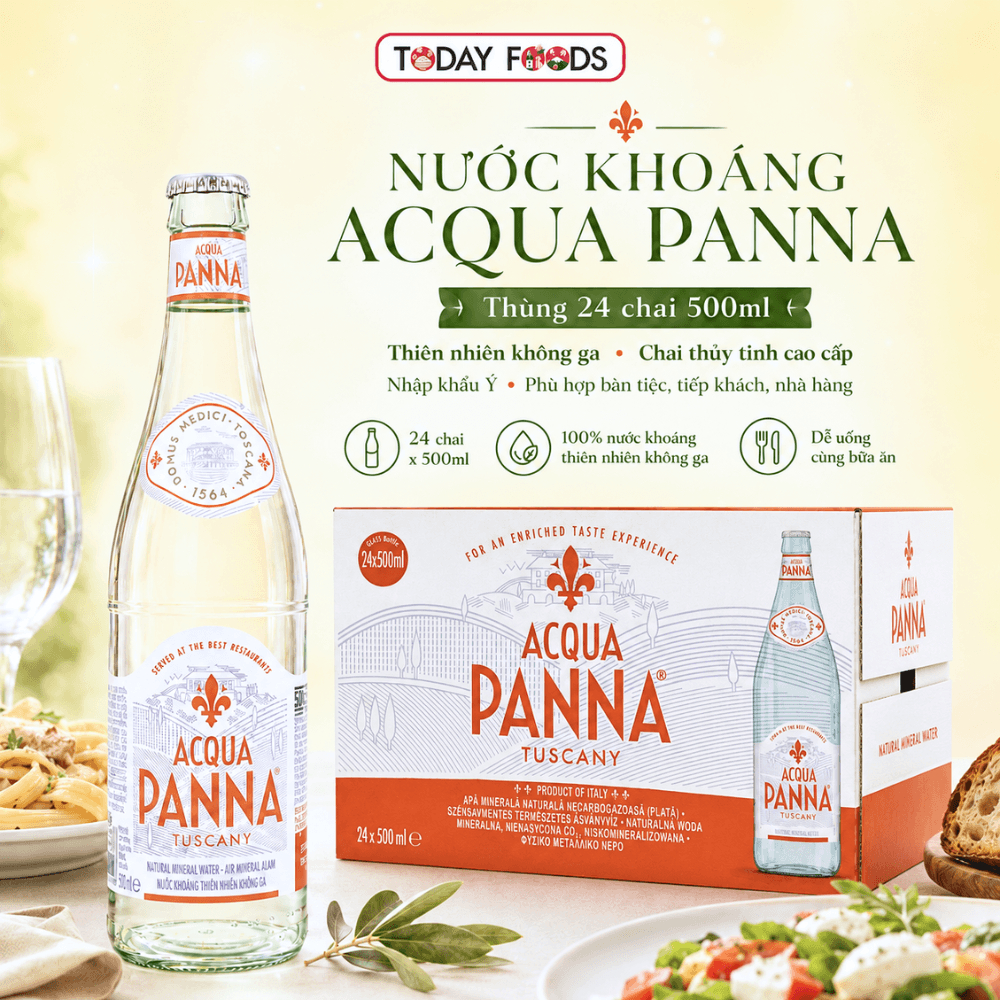 Nước khoáng Acqua Panna thùng 24 chai 500ml | Nước khoáng thiên nhiên không ga chai thủy tinh nhập k