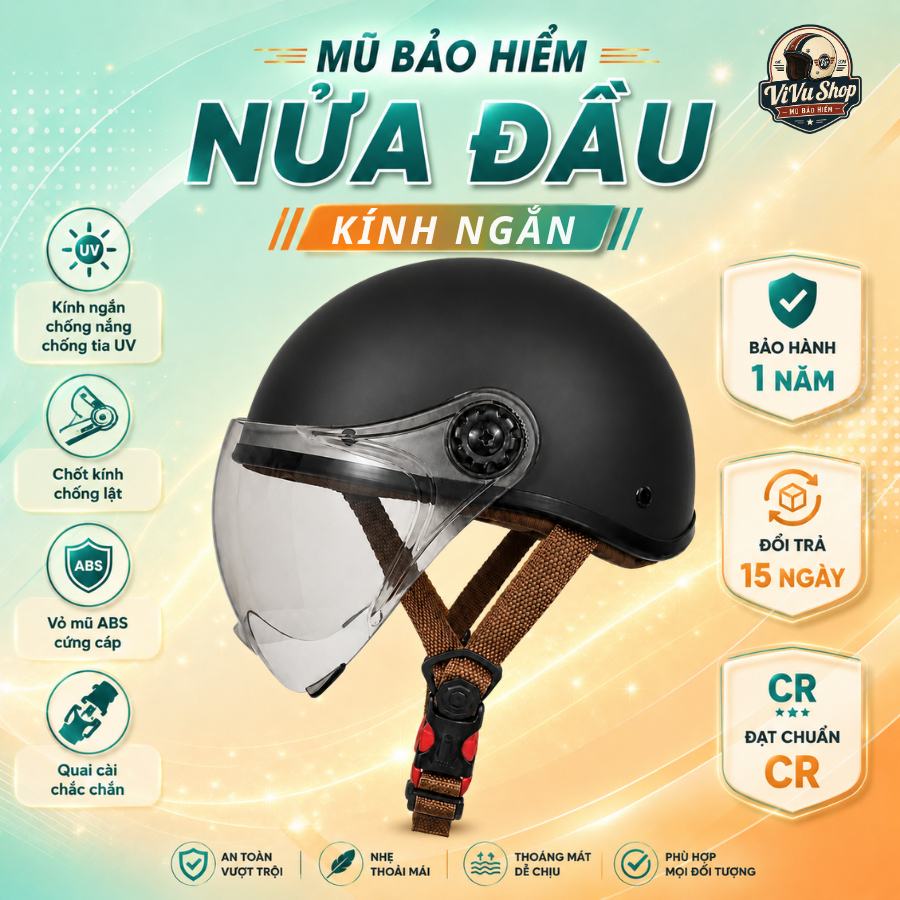 Mũ Bảo Hiểm Nửa Đầu CAMRY HELMETS Kính Ngắn - Nam Nữ Freesize, Nhẹ Êm, Chống Nắng Chống Bụi, Đạt Chuẩn QCVN