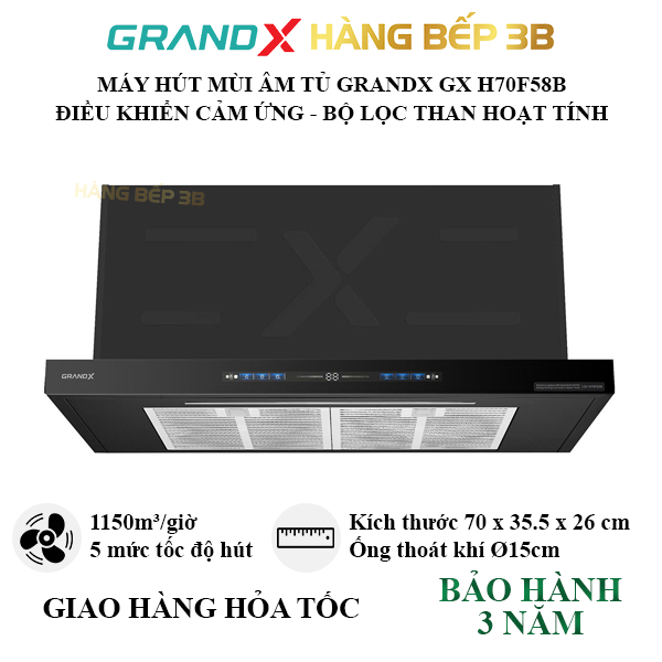 Máy hút mùi âm tủ GrandX Premium GX H80F85B, H70F85B điều khiển cảm ứng và bằng cử chỉ