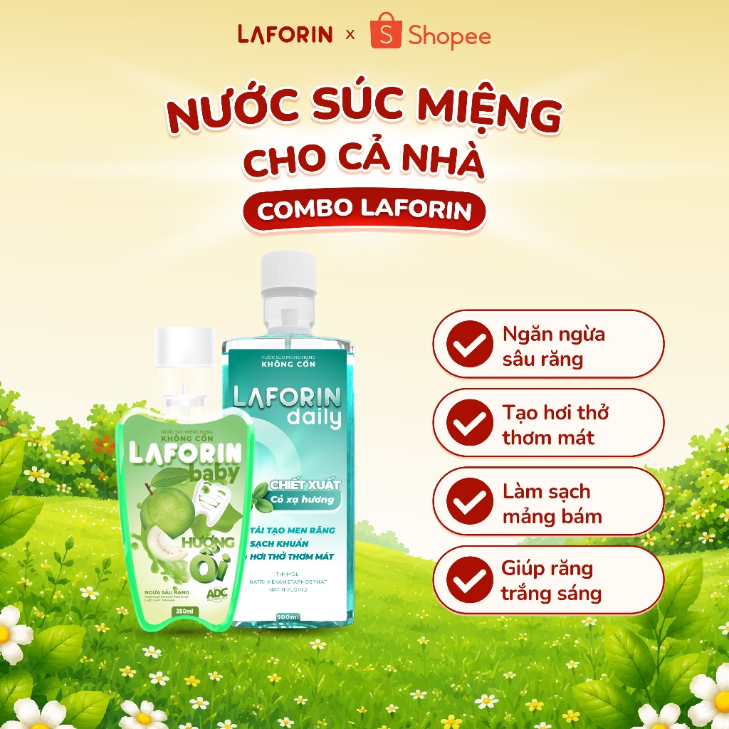 Combo 1 Laforin Daily + 1 Laforin Baby - Nước Súc Miệng Sạch Mảng Bám, Răng Chắc Khỏe Cho Cả Nhà