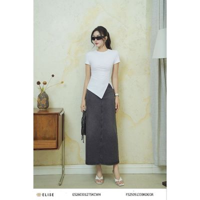 Áo thun trắng nhún eo vạt lệch thiết kế Elise mã sản phẩm ES2603012TSKCWH