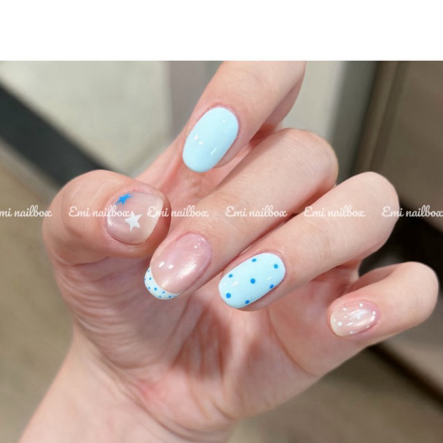 E11 Nailbox mắt mèo hồng nhạt, phối xanh baby chấm bi xinh Eminailbox