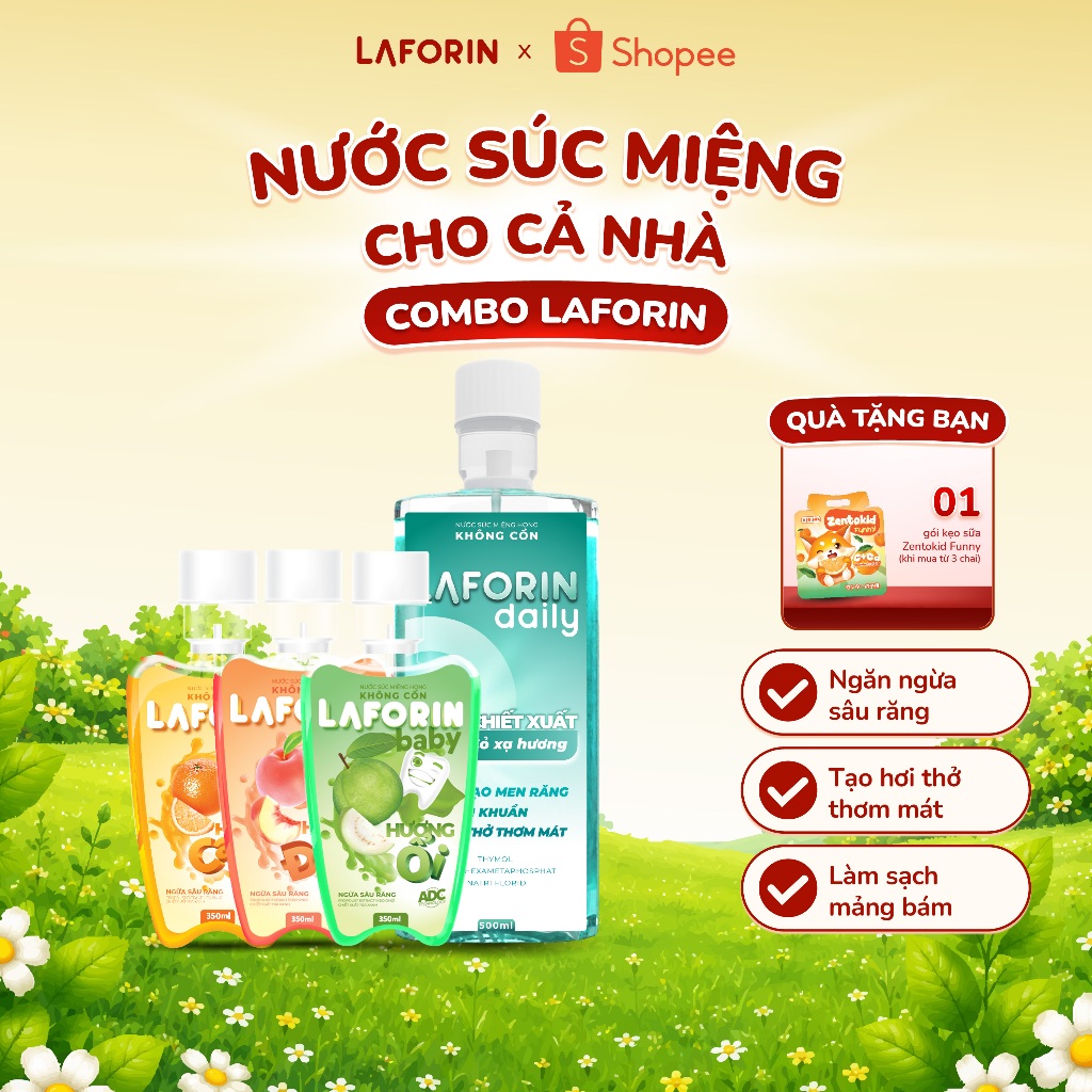 Combo 1 Laforin Daily + 3 Laforin Baby - Nước Súc Miệng Sạch Mảng Bám, Răng Chắc Khỏe Cho Cả Nhà