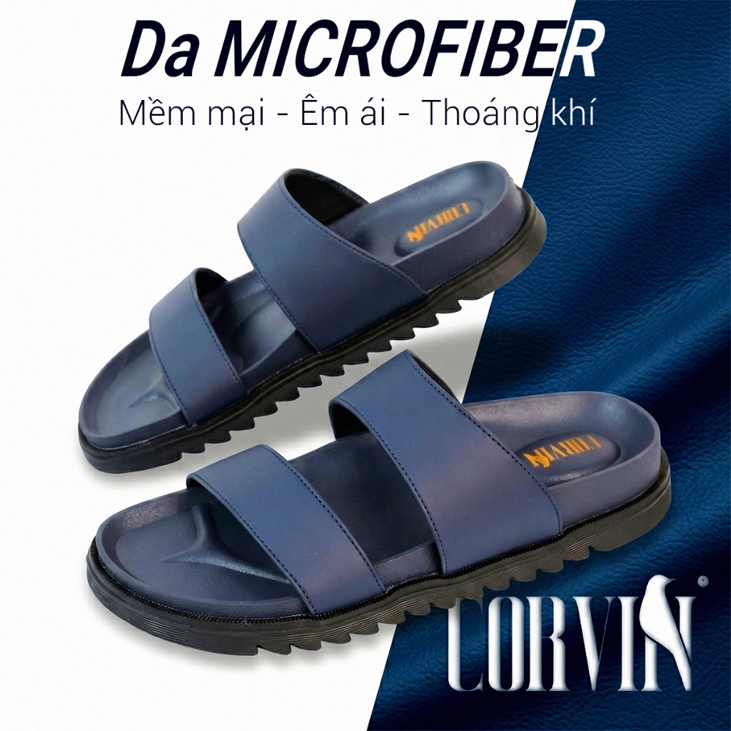 Dép da nam quai ngang CORVIN OCEAN chống trơn trượt, da Microfiber cao cấp, đế công thái học êm chân