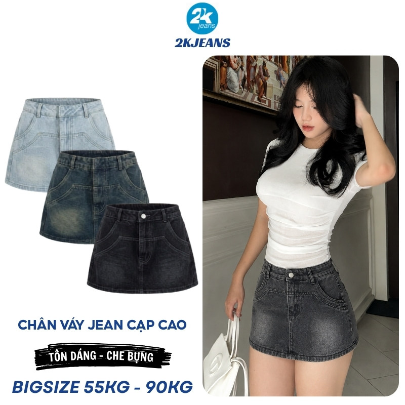 Chân Váy Jean Nữ Bigsize MS2006 Dáng Chữ A Lưng Cao Giả Váy Che Đùi Mặc Đi Biển 55-90kg 2KJEANS