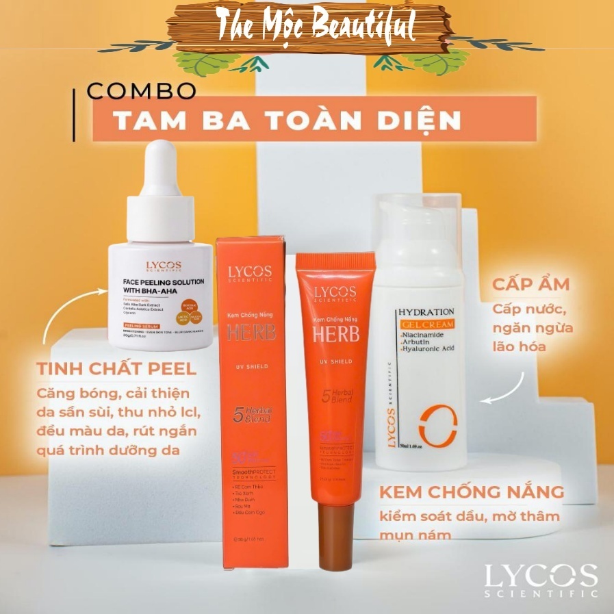 Combo TAM BA TOÀN DIỆN Lycos: Tinh Chất Peel Lycos – Gel Cấp Ẩm Lycos – Kem Chống Nắng LYCOS