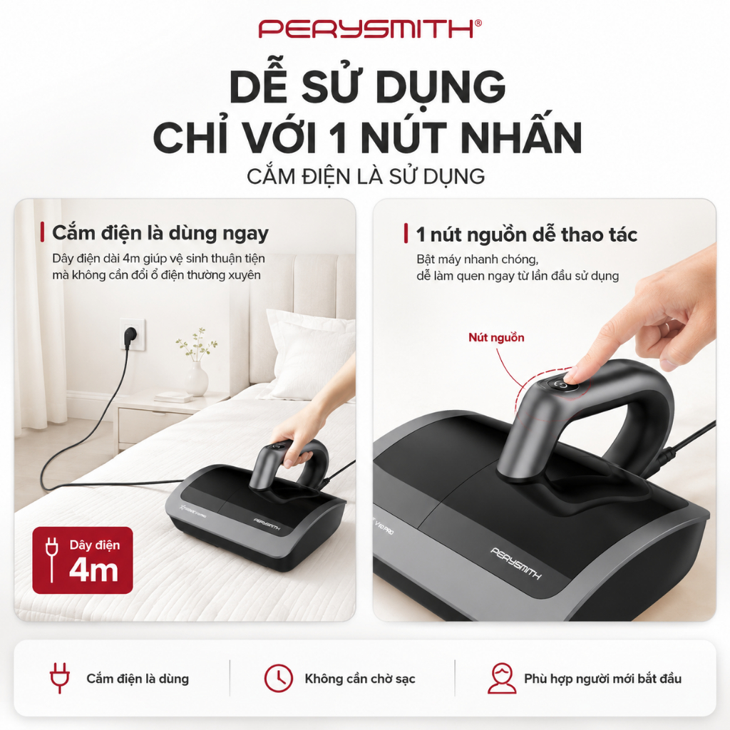 Máy Hút Bụi Giường Nệm Có Dây PerySmith V10Pro, Đệm Xung Kép, Hút Bụi Mịn, Đèn UV, Sấy Nóng | BigBuy360 - bigbuy360.vn