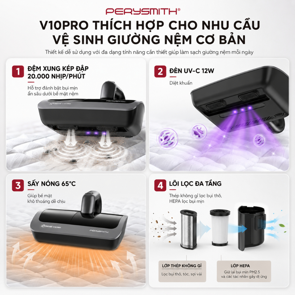 Máy Hút Bụi Giường Nệm Có Dây PerySmith V10Pro, Đệm Xung Kép, Hút Bụi Mịn, Đèn UV, Sấy Nóng | BigBuy360 - bigbuy360.vn