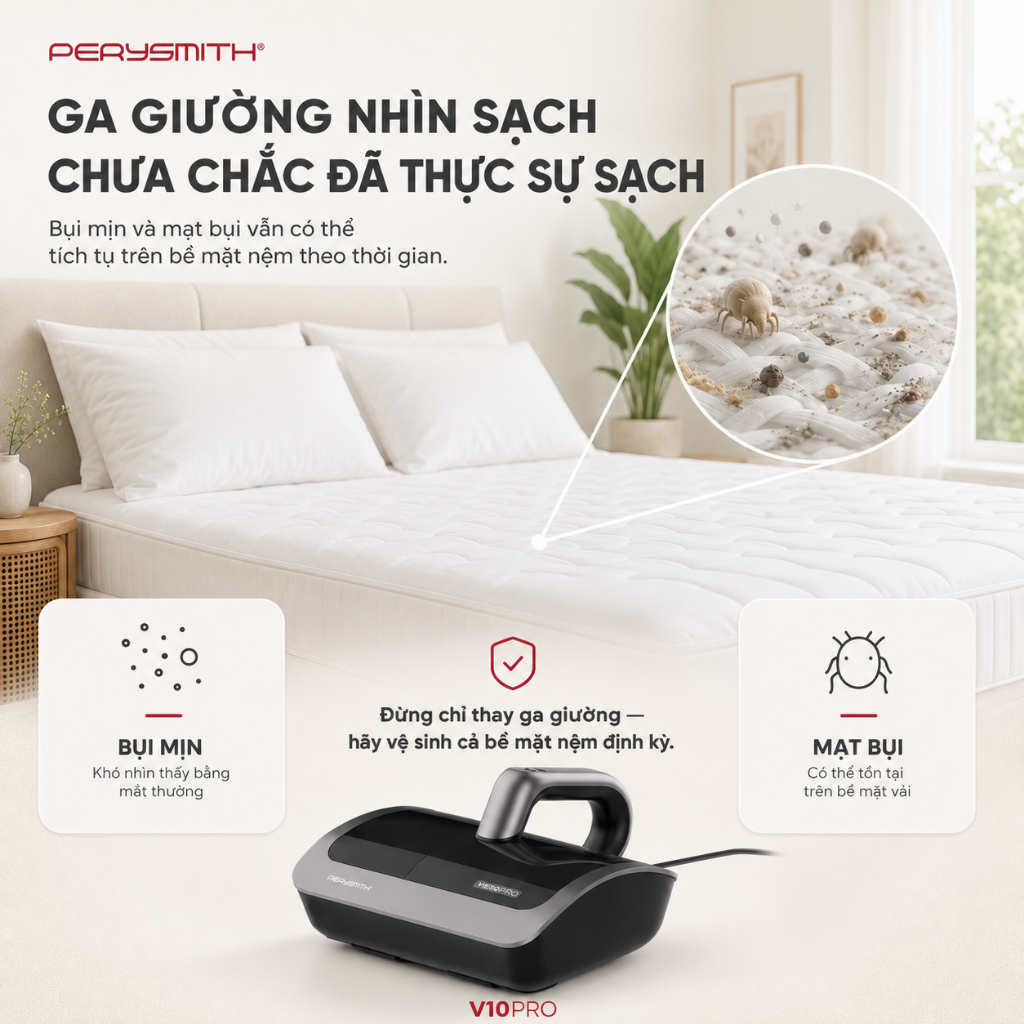 Máy Hút Bụi Giường Nệm Có Dây PerySmith V10Pro, Đệm Xung Kép, Hút Bụi Mịn, Đèn UV, Sấy Nóng | BigBuy360 - bigbuy360.vn