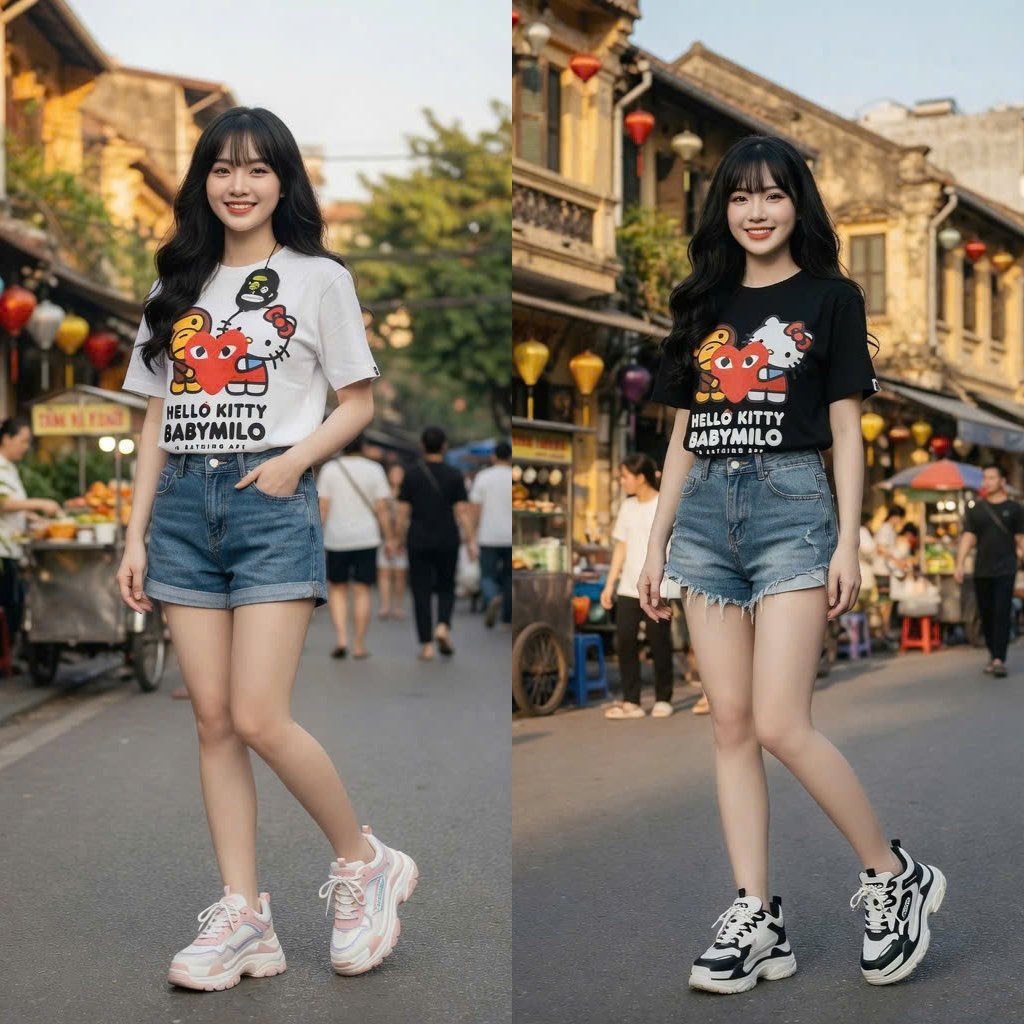 Áo Thun Nam Nữ Bape x Hello Kitty Hình In Dễ Thương Form Rộng Tay Lỡ Vải Cotton 2 Chiều. Áo Phông Nữ