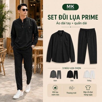 Bộ Đồ Đũi Lụa Nam Dài Tay Prime MKCLEVER Chất vải đũi lụa mềm mịn set sơ mi quần đũi dài đi chơi, đi biển