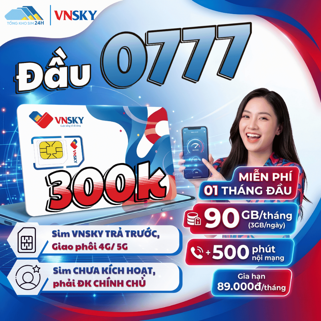 Đồng Giá 300k Sim đẹp VNSKY Đầu O777 Sóng Mobi Tặng 5G 3GB/ Ngày [Phải ĐKCC mới dùng được]