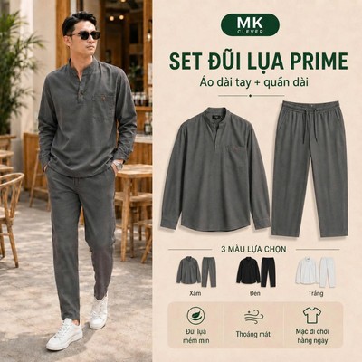 Set đồ bộ Đũi lụa Dài Tay Nam Prime MK Chất vải đũi lụa mềm mịn set sơ mi quần đũi dài đi chơi đi biển