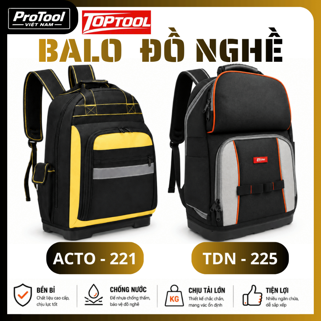 Balo Đựng Đồ Nghề Top Đồ Nghề Top Tool TDN-225 ACTO 221 VẢI 1680D Đế Nhựa Chống Nước Cho Thợ Điện Kỹ