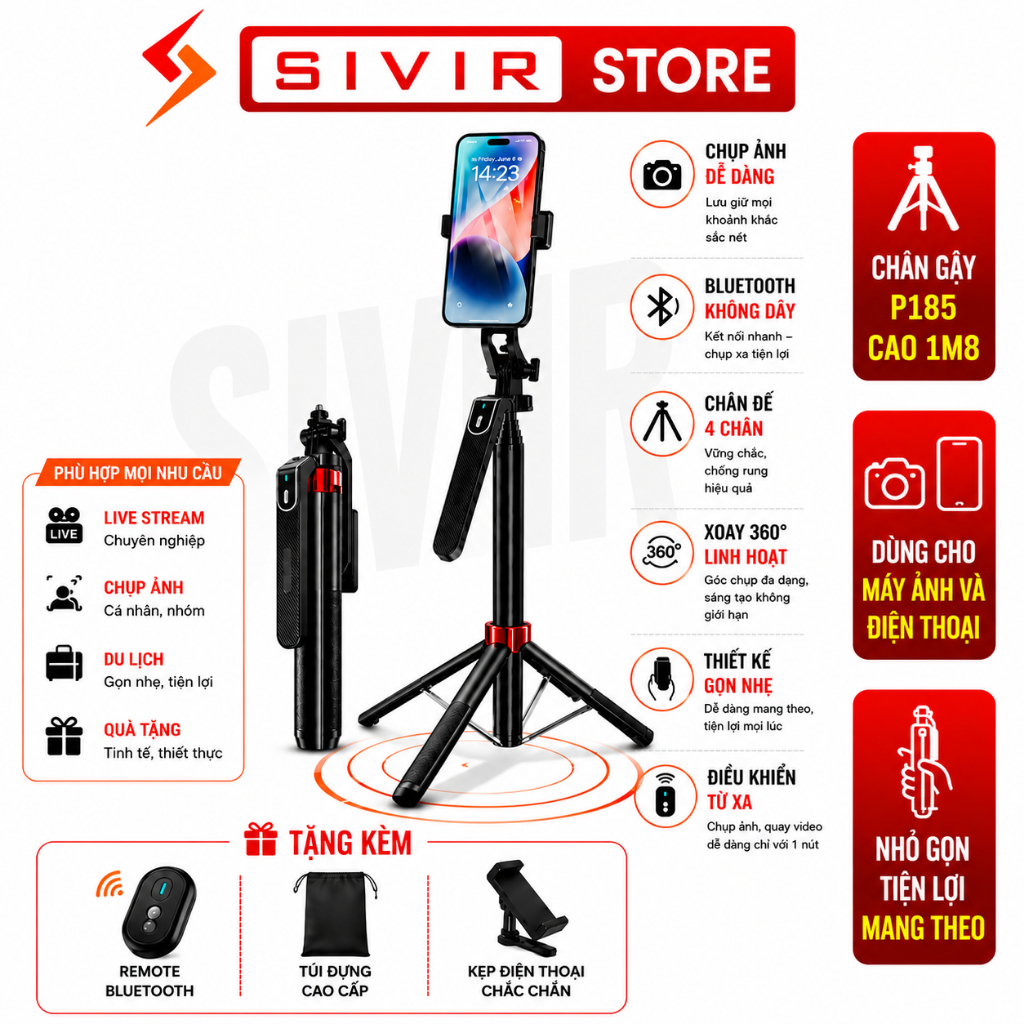 Gậy Selfie Tripod SIVIR P185PLUS P185 4 Chân Chống Rung Điều Khiển Bluetooth Xoay 360° Cho Điện Thoạ