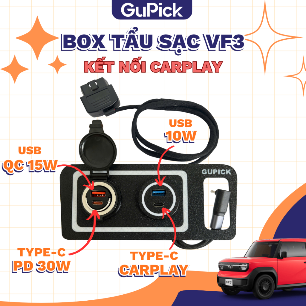 [NÂNG CẤP] Box tẩu sạc VF3 gắn zin OBD2 sang tẩu 12V 5A, kết nối Carplay tự ngắt thông minh GuPick G