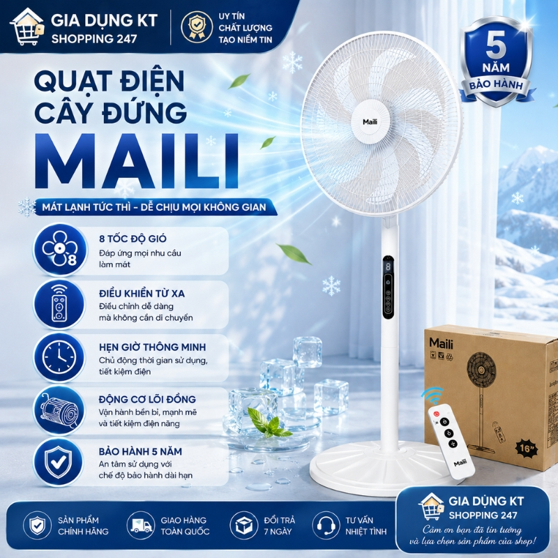 Quạt Điện Cây Đứng MAILI Cao Cấp 8 Tốc Độ Gió, Làm Mát Cực Nhanh, Kết Cấu Chắc Chắn, Điều Khiển Từ Xa, Hoạt Động Bền Bỉ
