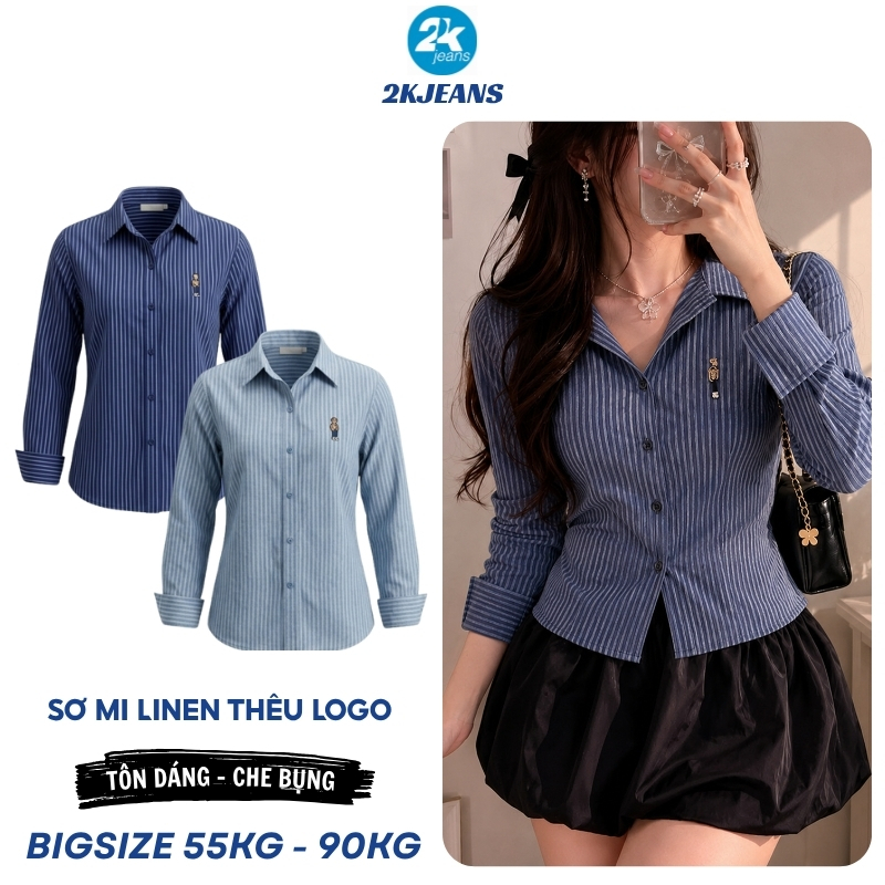 Áo Sơ Mi Nữ Sọc Dài Tay Bigsize 55–90kg Vải Linen Dày Dặn Form Vintage Thoải Mái AT9030 – 2KJEANS