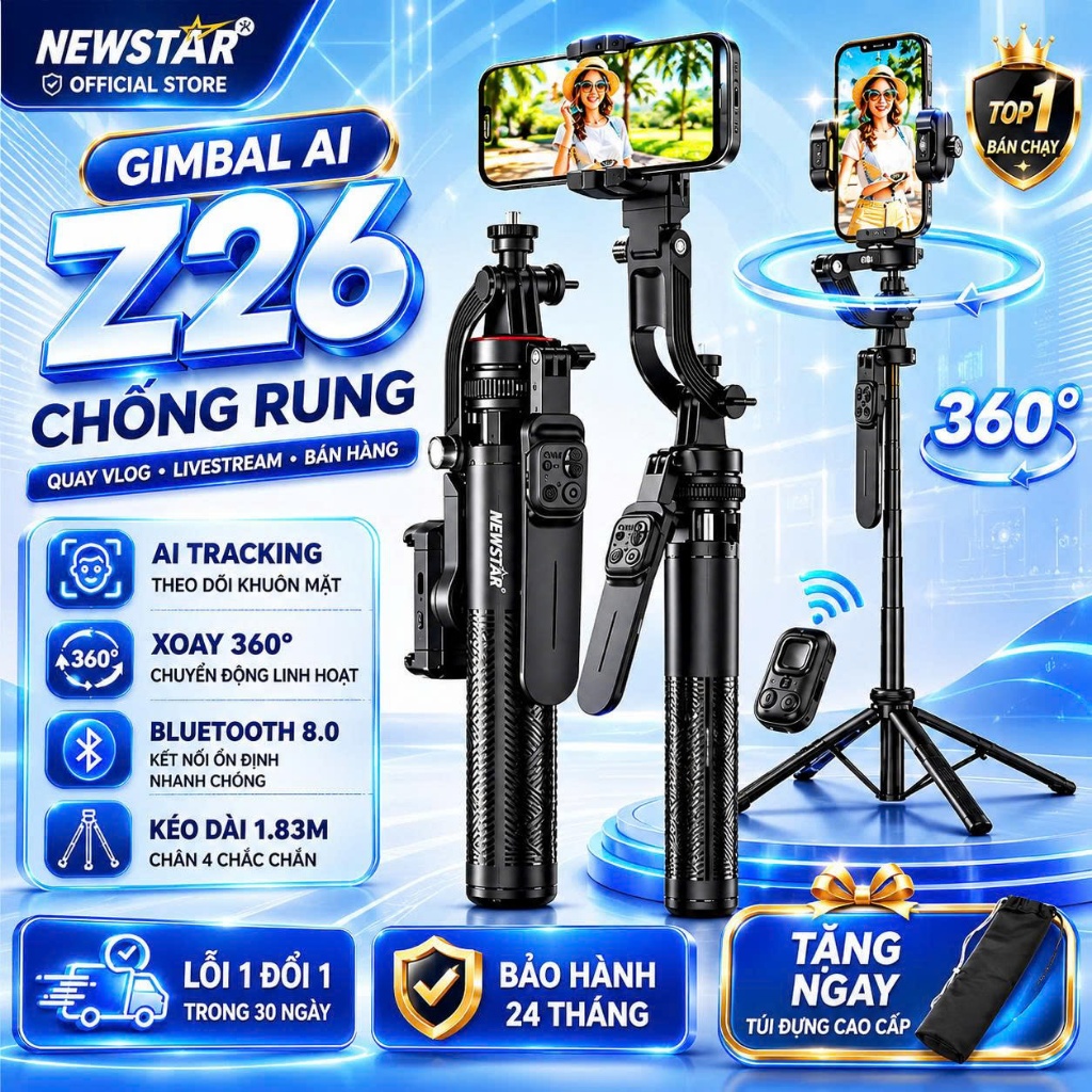 Gimbal điện thoại xoay 360 độ Z26, Gimbal chống rung theo dõi vật thể kéo dài 183 cm cao cấp