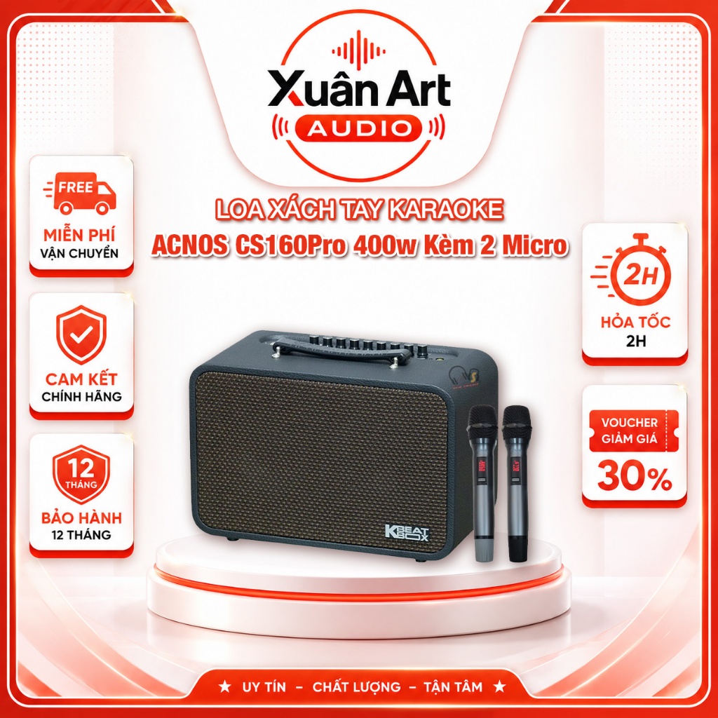 Loa Xách Tay ACNOS CS160PRO 400W (PMPO) Mẫu 2025 Kèm 2 Mic Bảo Hành Chính Hãng