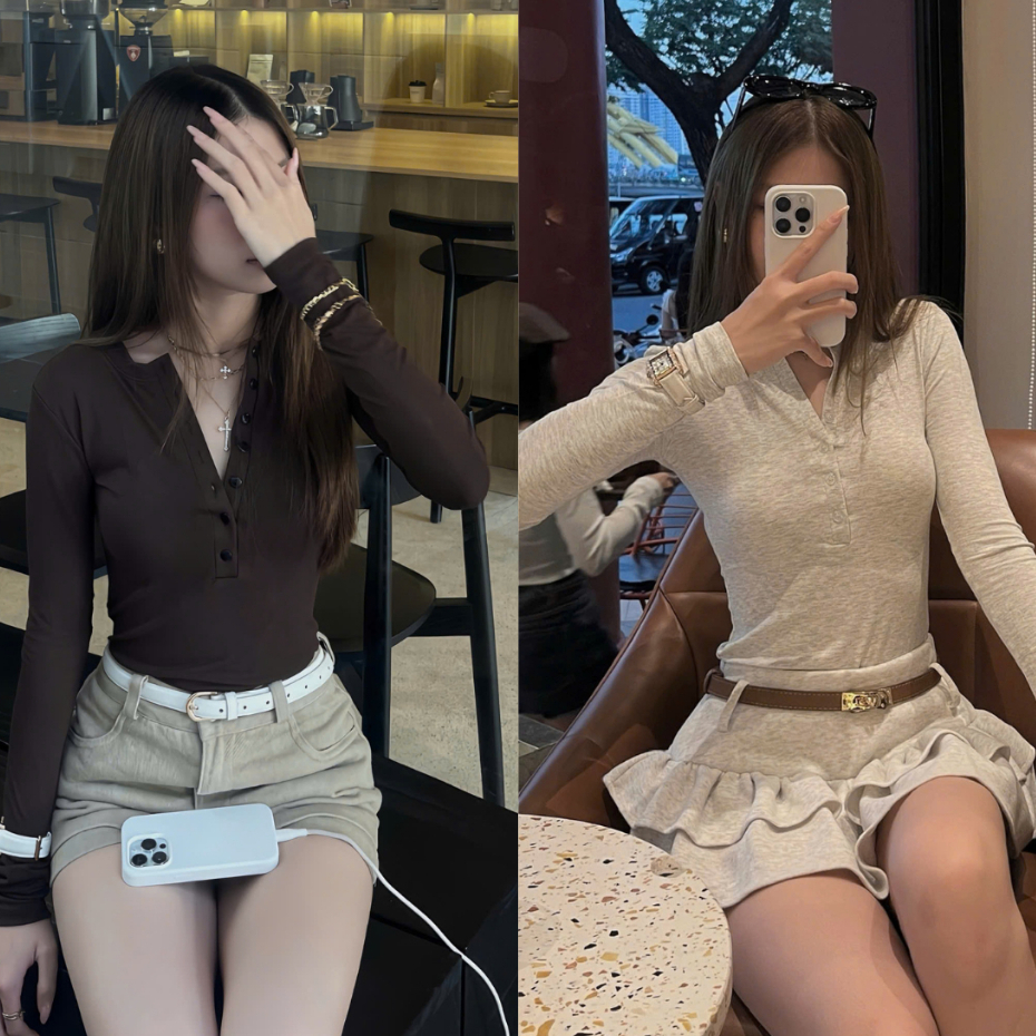 SUXING |  Áo thun ôm body phối cổ cúc tay dài - S106