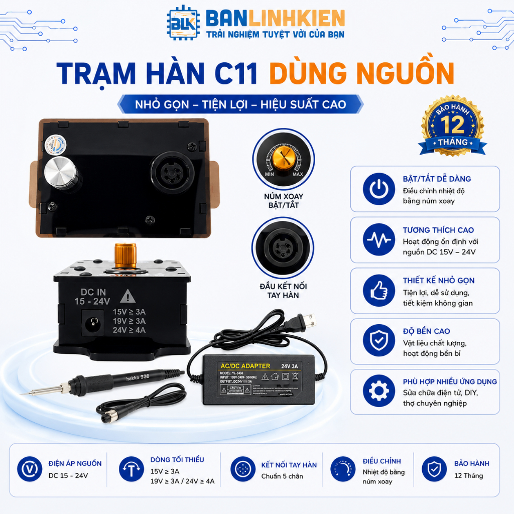 Trạm hàn c11 Banlinhkien cài đặt thời gian chờ cài đặt nhiệt độ cảnh báo ngắt tay hàn bảo hành 12 tháng