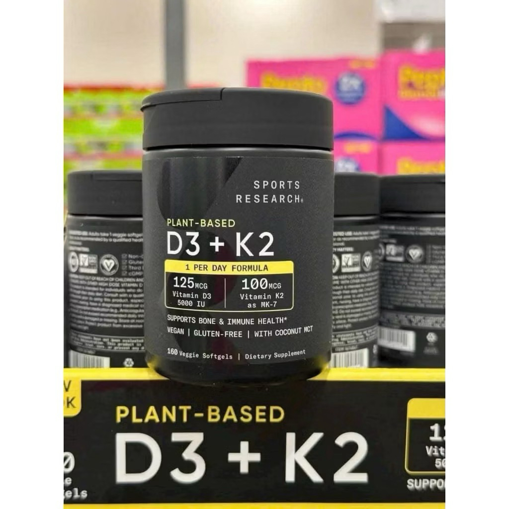 Vitamin D3 + K2 Sports Research Plant-Based 160 Viên, D3 5000IU K2 MK-7, Hỗ Trợ Xương & Miễn Dịch sh