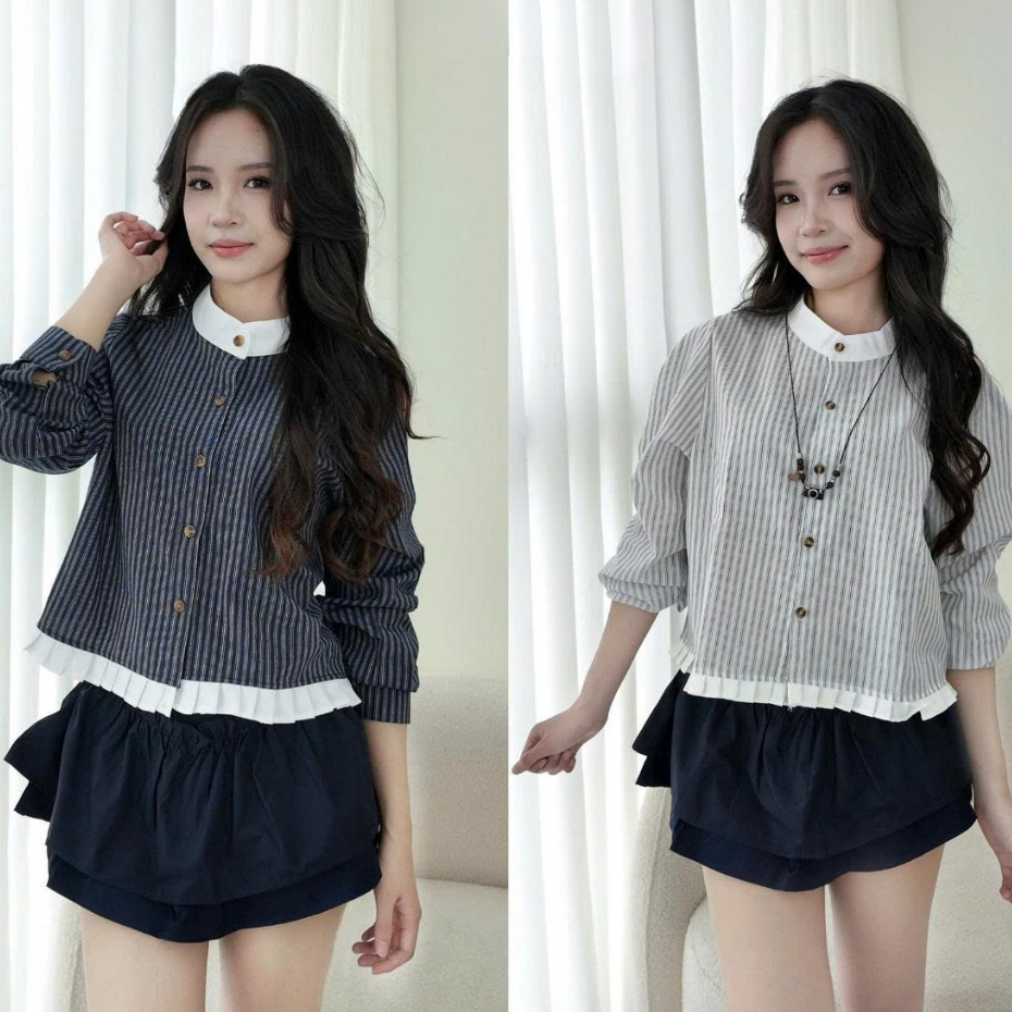 {BST Back to School} Áo sơ mi kẻ tay dài cổ đức dáng lỡ phối viền bèo - Suxing - S250