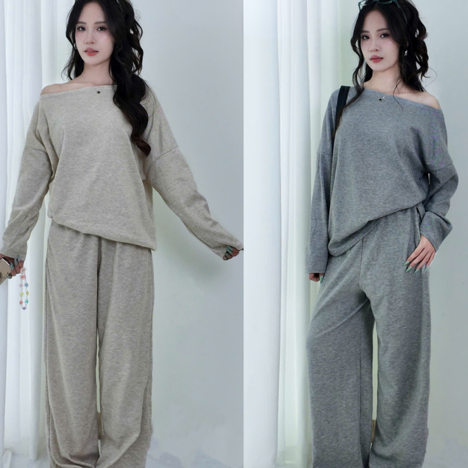Set Áo Lệch Vai Kèm Quần Ống Suông, Chất Liệu Len Lông Thỏ Mềm Mại - Suxing - S132