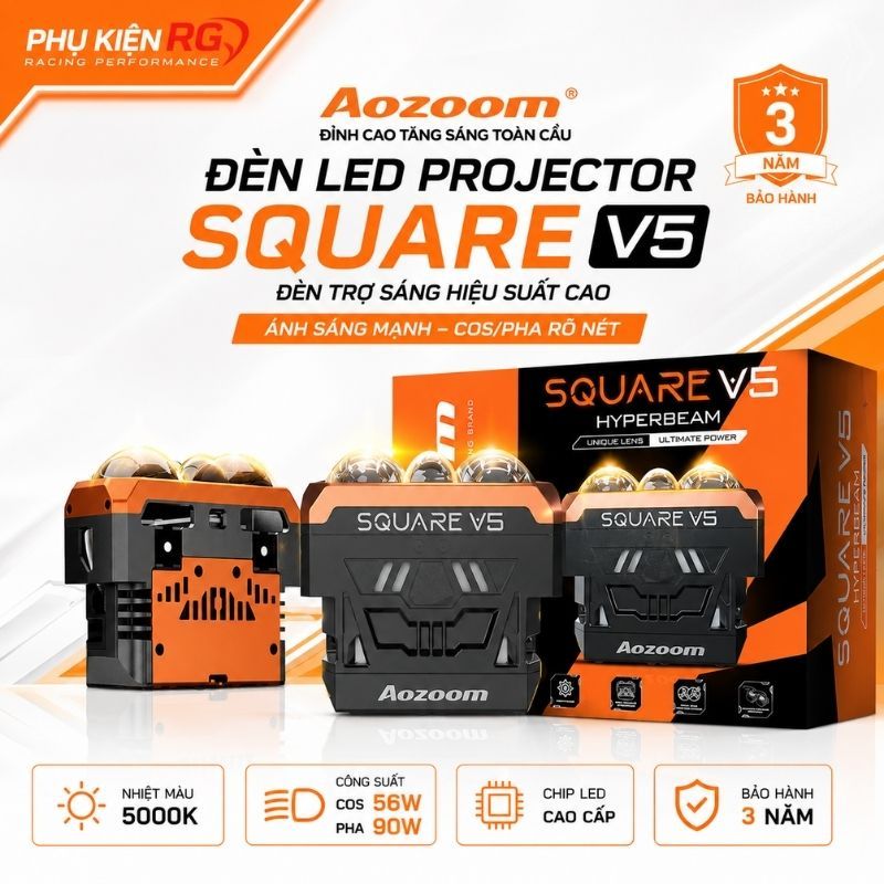 Đèn Led Projector AOZOOM SQUARE V5 Chính Hãng Nhiệt Màu 5000K, Bi LED Aozoom Lens 3.0 Inch Cos 56W P