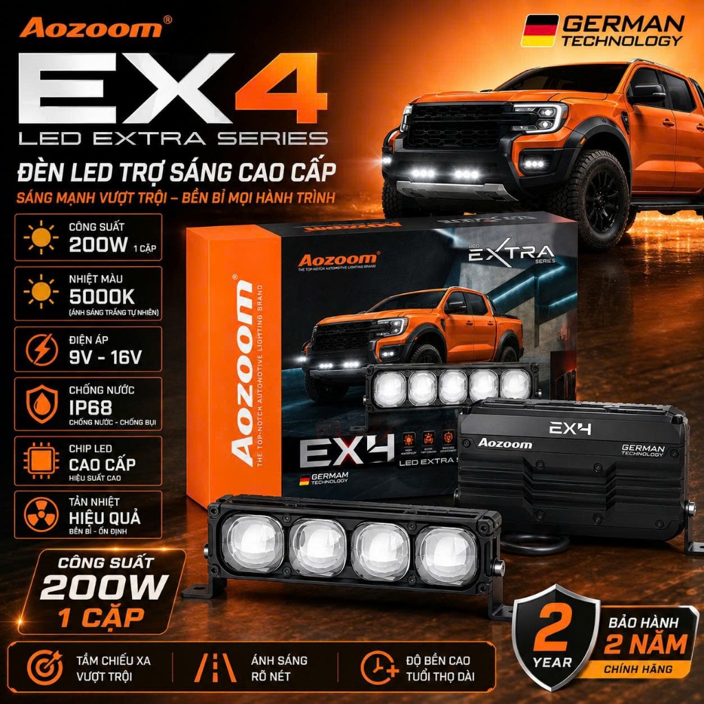 Aozoom Ex4, Đèn Trợ Sáng Aozoom EX4 Nhiệt Màu 5000K Công Suất 200w 1 cặp Chống Nước IP68 - BH 24T