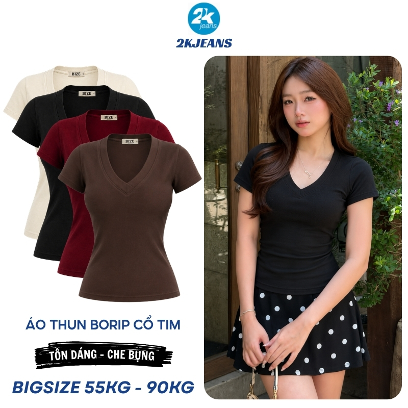 Áo Thun Nữ Bigsize 55–90kg Cổ Tim/Cổ Tròn Tay Ngắn Chất Borip Lụa Co Giãn Mềm Mại AT9006 – 2KJEANS