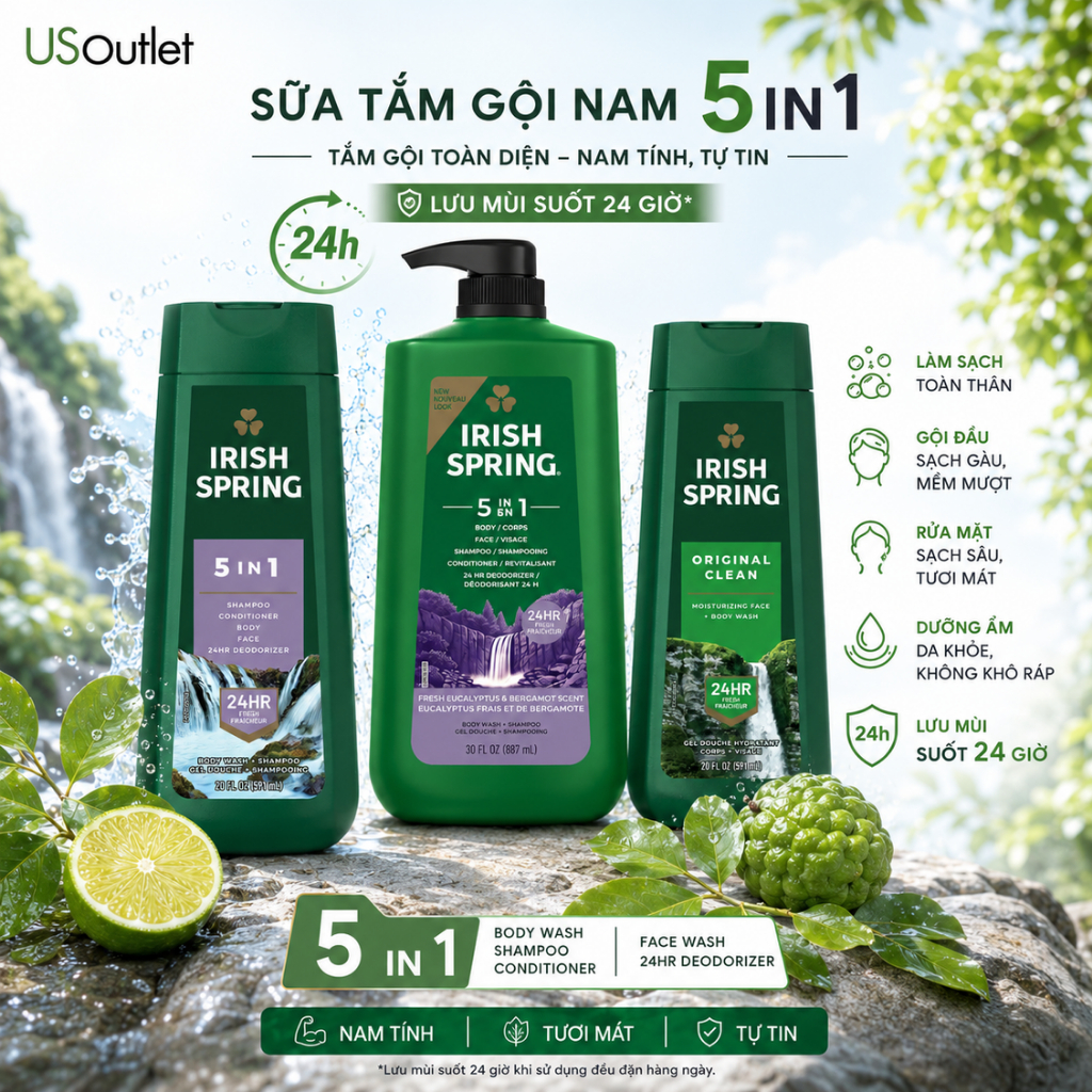 Sữa Tắm Gội Toàn Thân Nam Irish Spring 5in1 Nhập Mỹ Chính Hãng