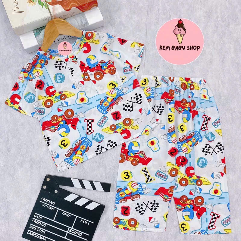Đồ bộ lanh tay ngắn quần dài bé trai, bộ tole dài bé trai, bộ lanh tay cộc quần dài bé trai kem baby