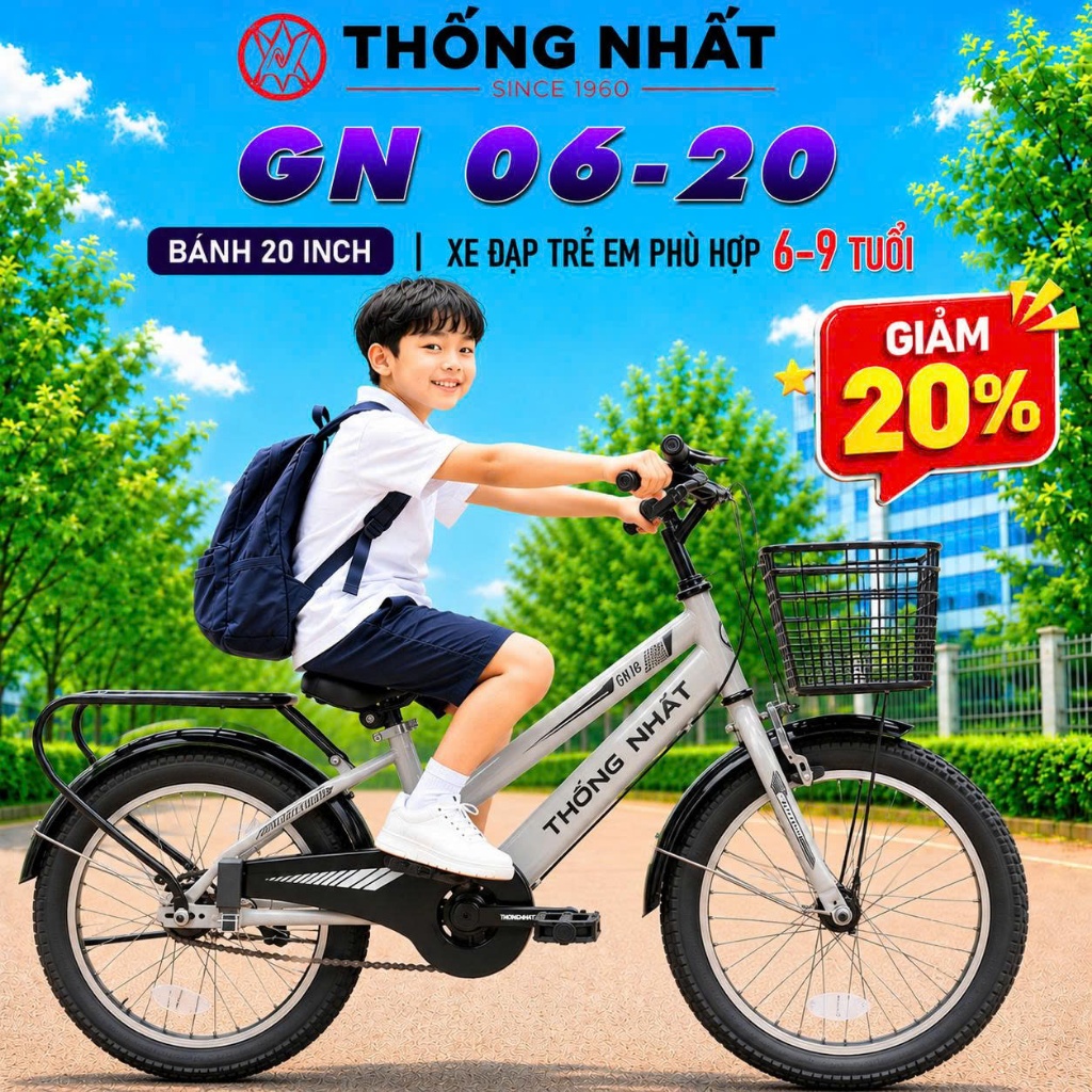 Xe đạp trẻ em Thống Nhất GN 06-20 SK 20 Super 20 GN06-20 (Tặngchuông + lục giác) khungthép có baga