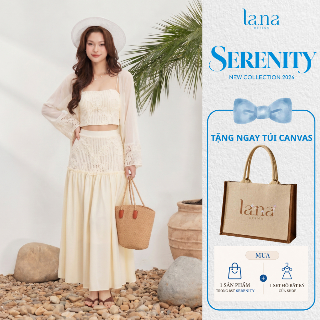 LA.NA DESIGN Set combo 3 món Hạ Nhiên thiết kế  chất liệu lưới cotton đính hoa màu be phù hơp du lịc