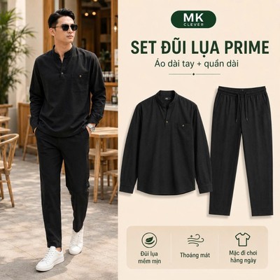 Set đồ bộ Đũi lụa Prime màu đen Dài Tay Nam MK Chất vải đũi lụa mềm mịn set sơ mi quần đũi dài đi chơi đi biển