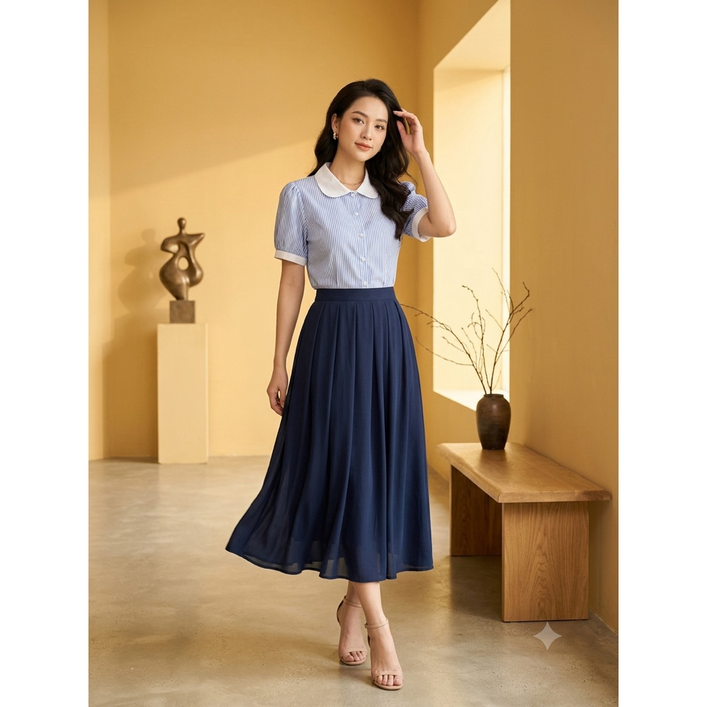 Áo Sơ Mi Kẻ Sọc Cổ Peter Pan (Peter Pan Collar Striped Blouse) size M, L