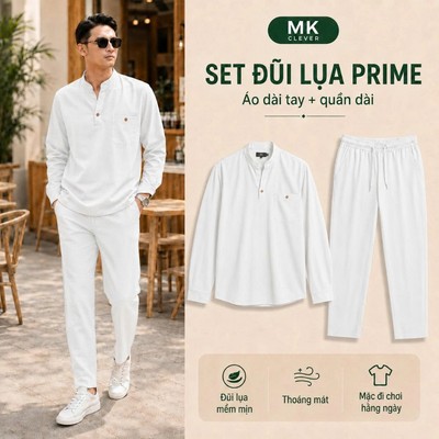 Set đồ bộ Đũi lụa màu trắng Dài Tay Nam Prime MK Chất vải đũi lụa mềm mịn set sơ mi quần đũi dài đi chơi đi biển
