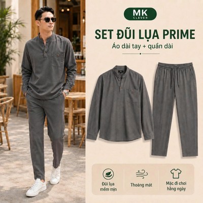 Set đồ bộ Đũi lụa màu xám Dài Tay Nam Prime MK Chất vải đũi lụa mềm mịn set sơ mi quần đũi dài đi chơi đi biển